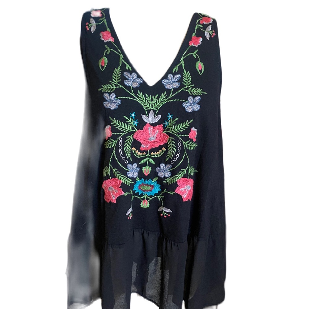 Umgee black tank with embroidered flowers.